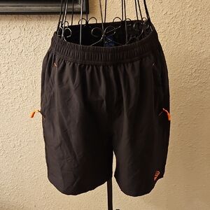 Black Athletic Outdoor Sports Shorts with Orange Accents